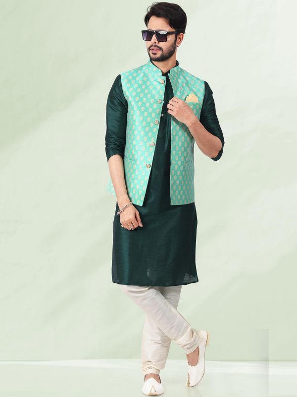 Green Festive Kurta Pyjama With Nehru Jacket
