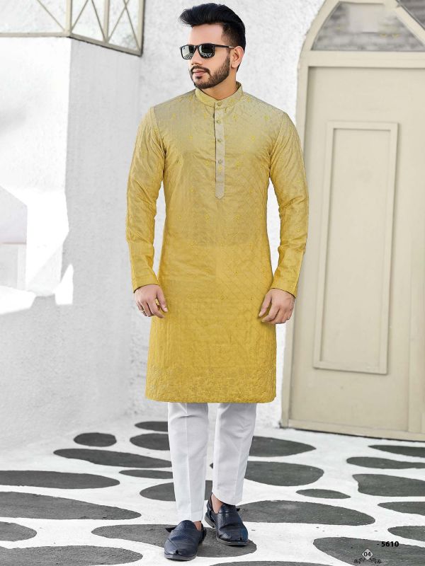 Yellow Thread Embroidered Kurta Pajama For Men