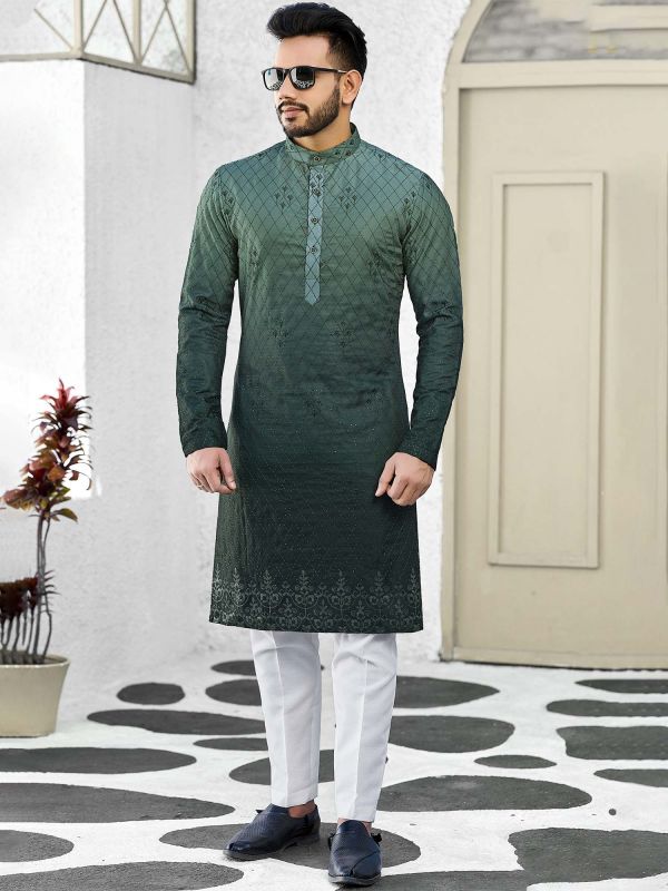 Green Thread Work Kurta Pajama For Mens