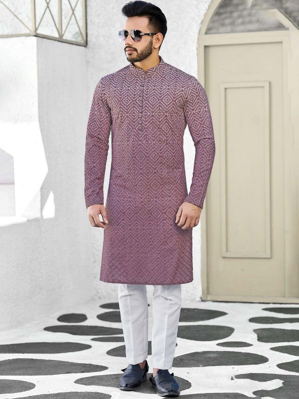 Purple Printed Kurta Pyjama For Men