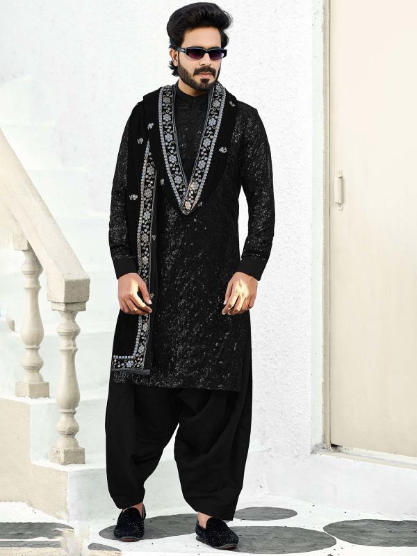 Black Pathani Kurta Pajama With Sequins Work
