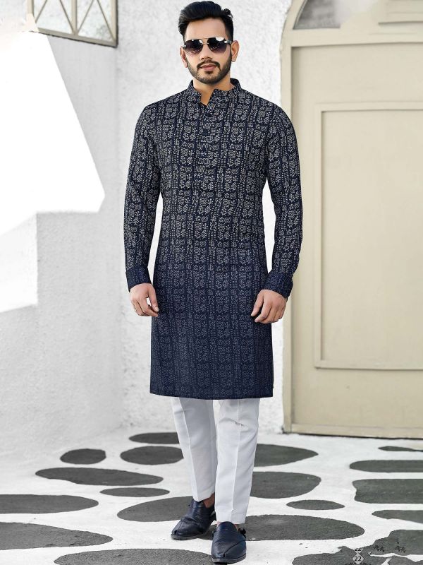 Blue Jacquard Printed Kurta Pyjama For Men