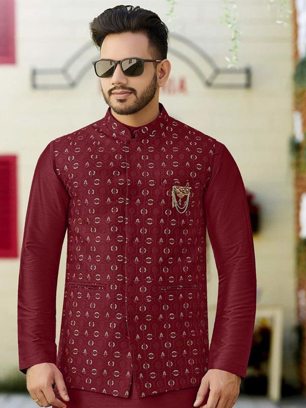 Maroon Festive Kurta Pyjama With Nehru Jacket