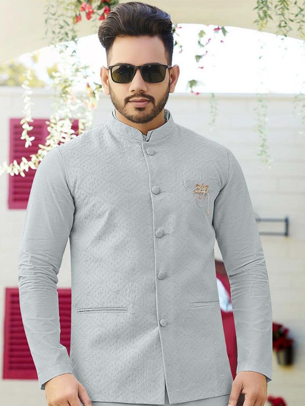 Grey Party Wear Kurta Pyjama With Nehru Jacket