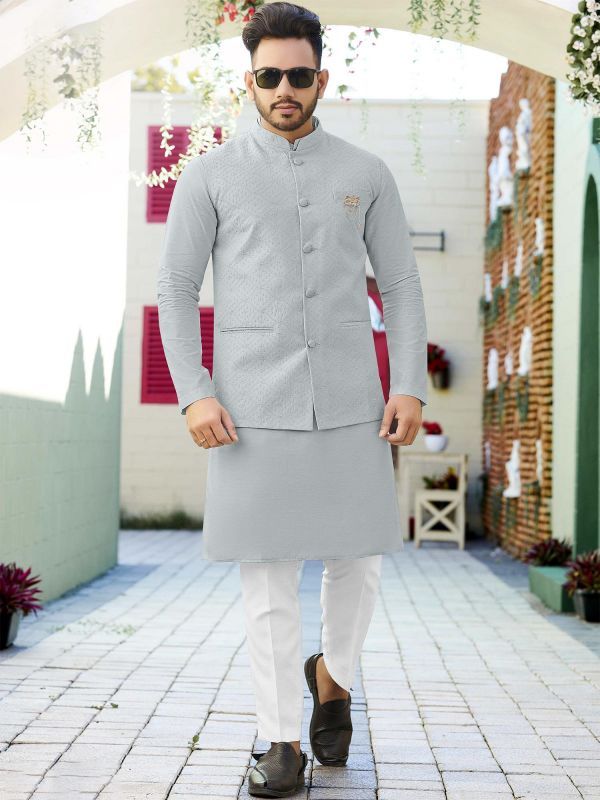 Grey Party Wear Kurta Pyjama With Nehru Jacket