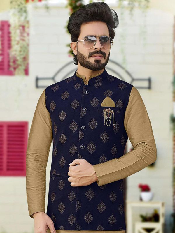 Brown Kurta Pyjama With Embroidered Nehru Jacket