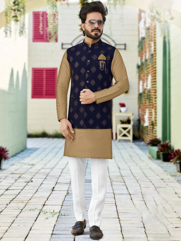 Brown Kurta Pajama With Embroidered Nehru Jacket