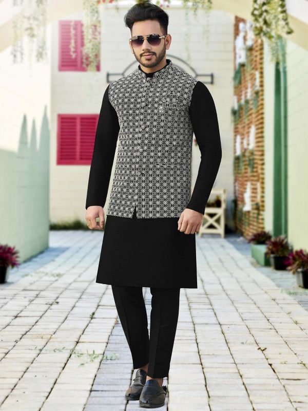 Black Cotton Pathani Kurta Pajama 245464