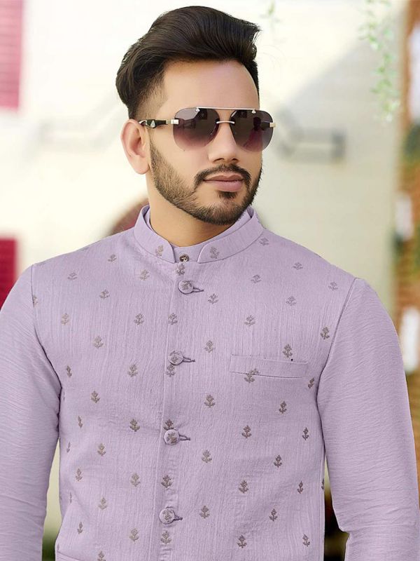 Purple Festive Kurta Pyjama With Nehru Jacket