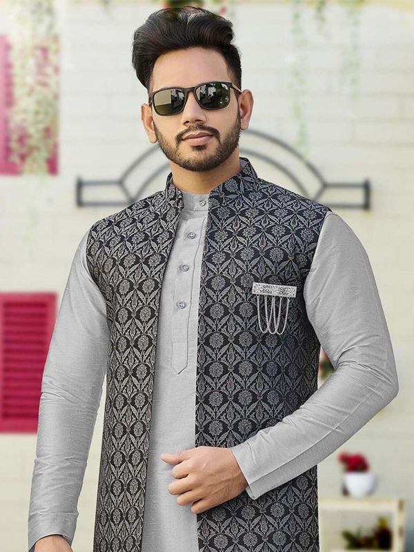 Grey Kurta Pajama With Embroidered Nehru Jacket