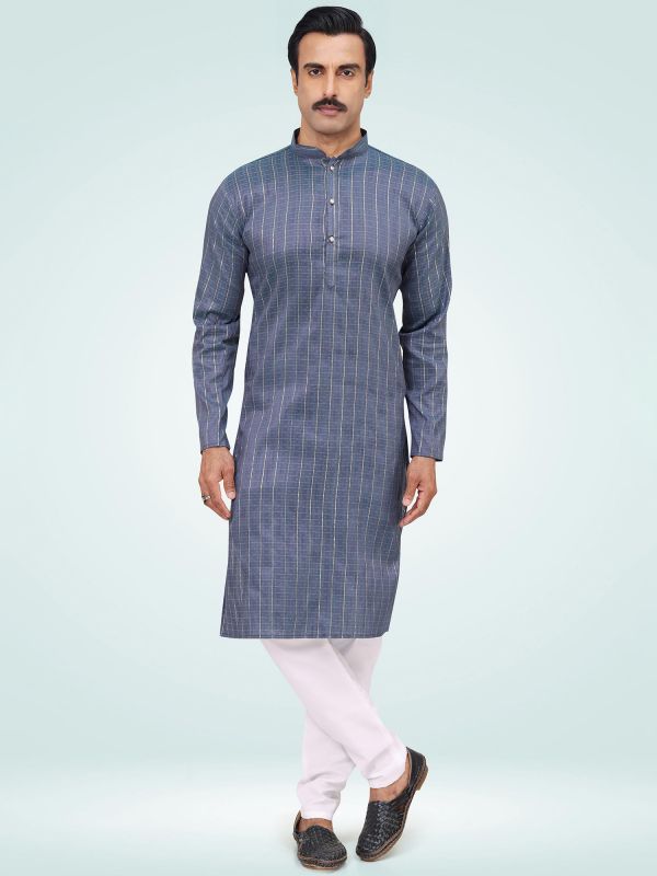 Blue Woven Silk Kurta Pajama For Men