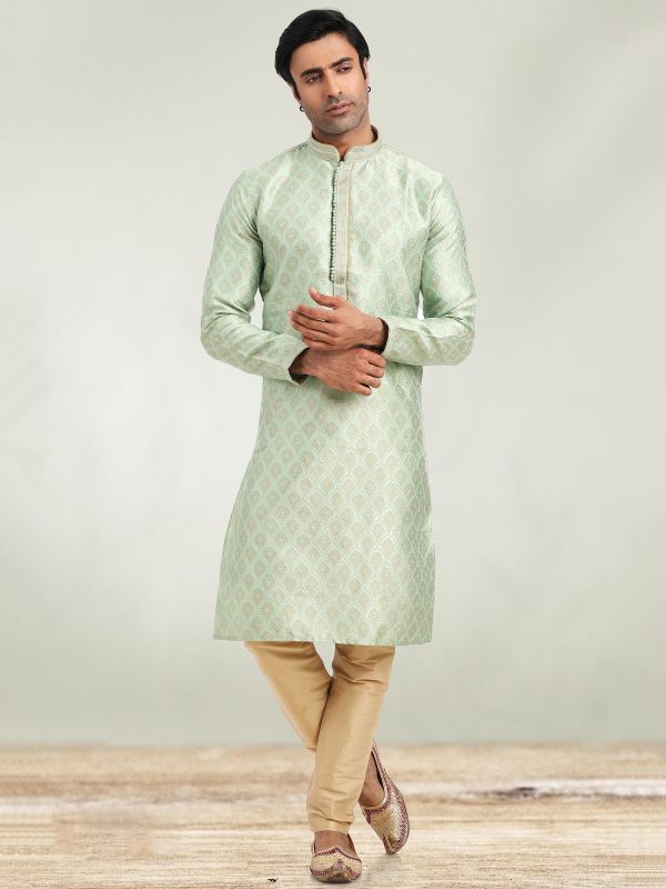Green Jacquard Festive Kurta Pajama For Men