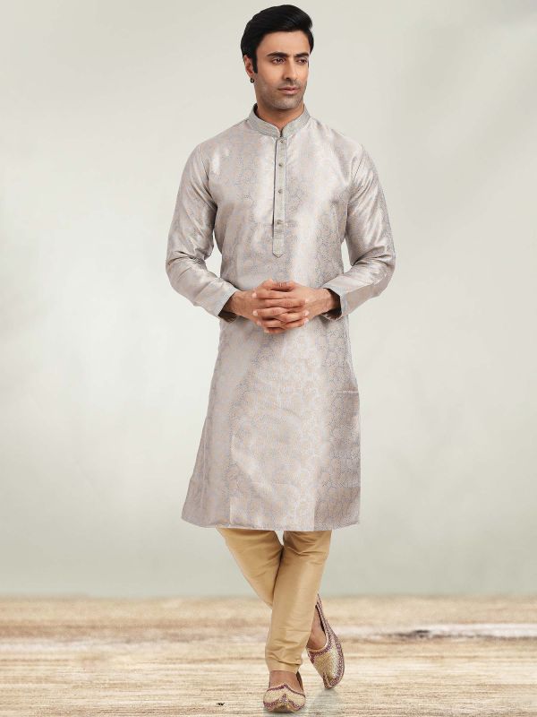 Silver Jacquard Kurta Churidaar Set