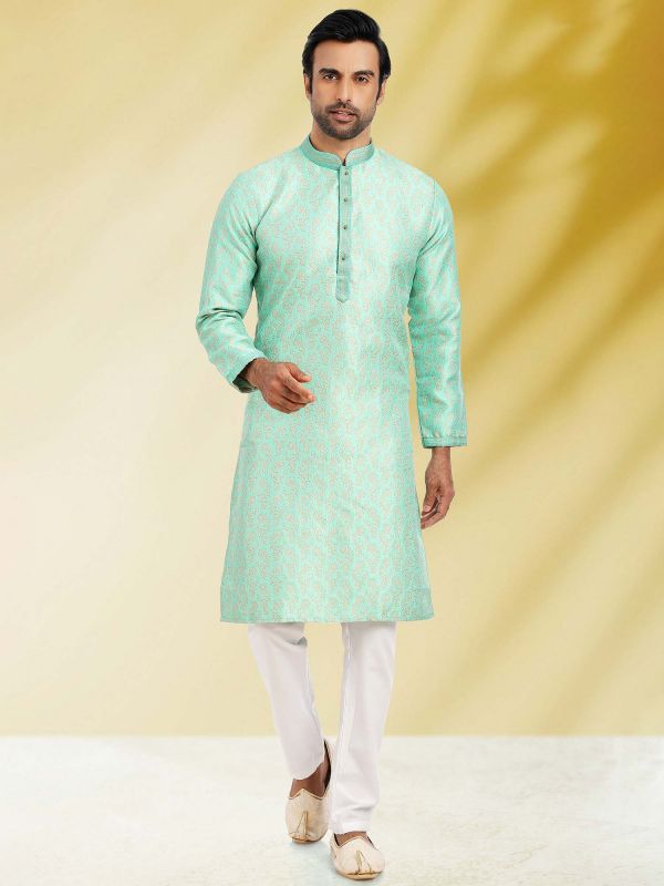 Turquoise Festive Kurta Pajama Set In Jacquard