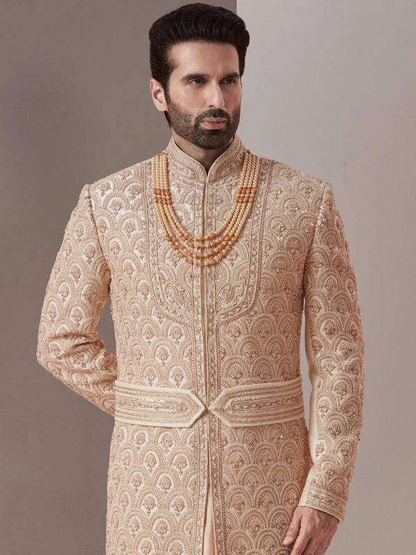 Cream Thread Embroidered Wedding Sherwani For Men