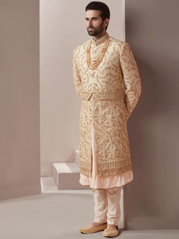 Cream Silk Groom Sherwani With Hand Work