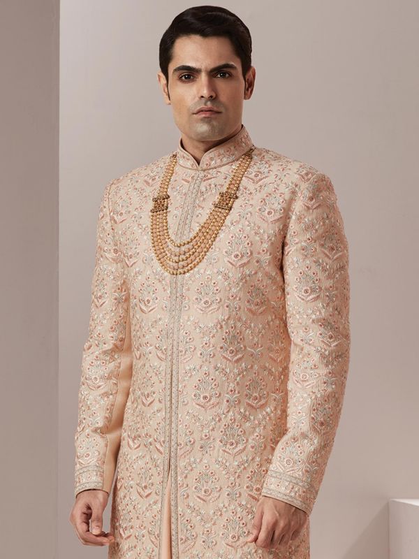 Peach Silk Sherwani Set With Embroidery