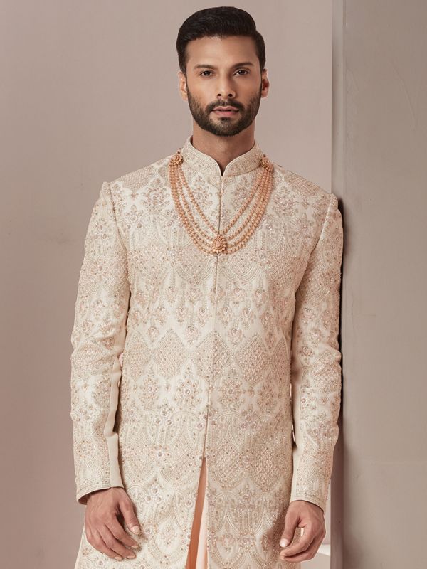 Cream Wedding Sherwani With Anarkali Kurta