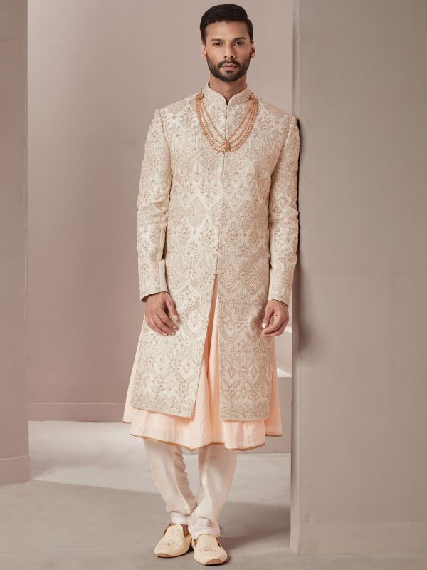 Cream Wedding Sherwani With Anarkali Kurta