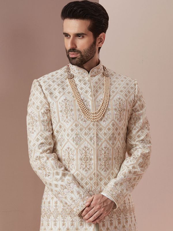 Off White Wedding Sherwani With Zardozi Embroidery