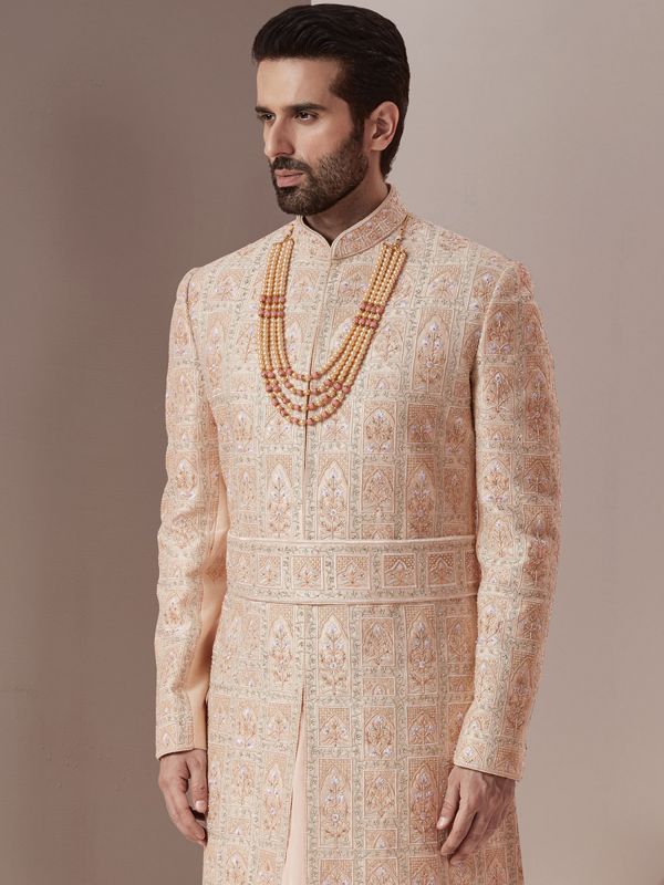Peach Readymade Groom Sherwani And Kurta Set