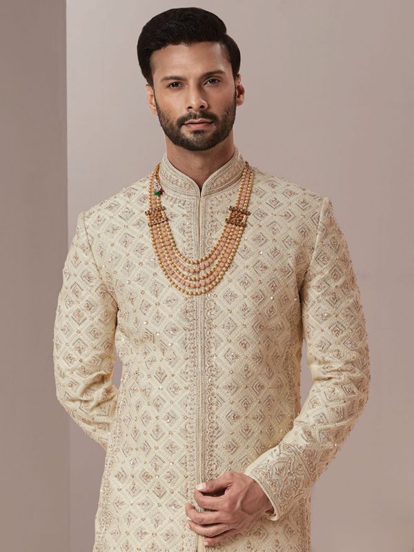 Beige Groom Sherwani Set With Embroidery