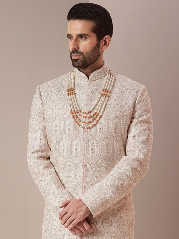 White Groom Sherwani Set With Embroidered Work