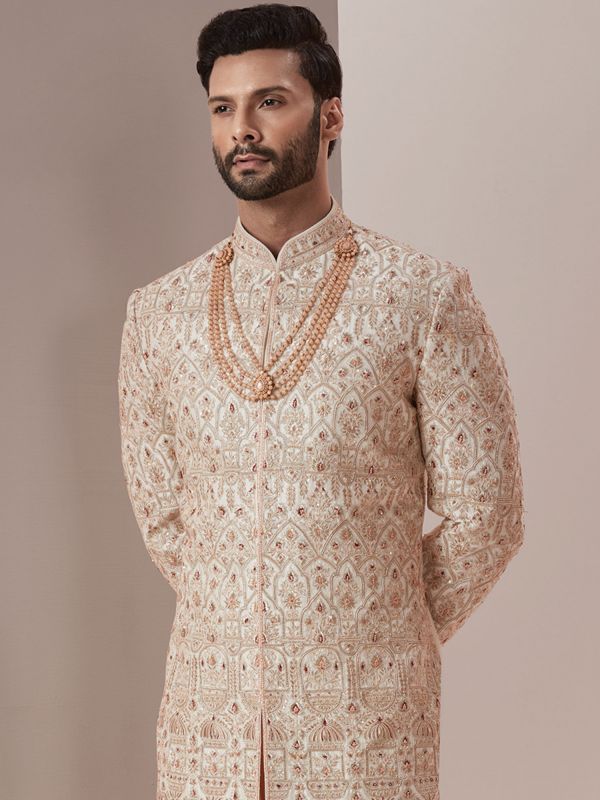 White Hand Work Groom Silk Sherwani Set