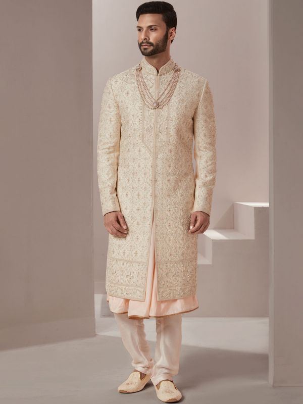 Off White Hand Embroidered Sherwani In Silk