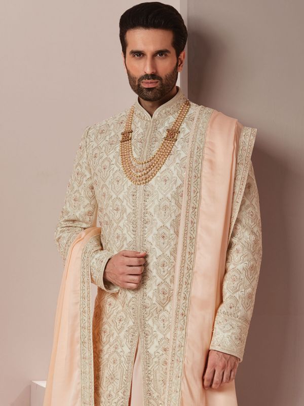 Off White Groom Silk Sherwani Set With Stole