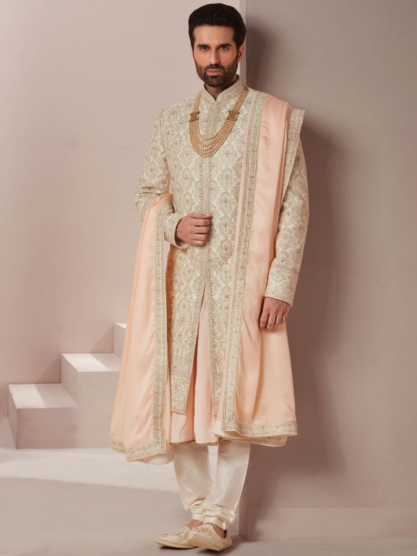 Off White Groom Silk Sherwani Set With Stole