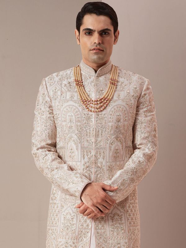 White Groom Silk Sherwani With Hand Embroidery