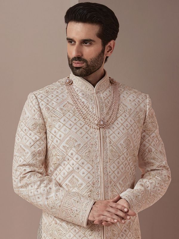 Readymade White Sherwani With Anarkali Kurta In Silk