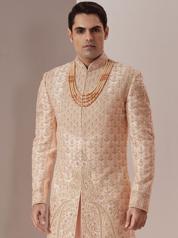 Cream Silk Sherwani With Anarkali Kurta Set