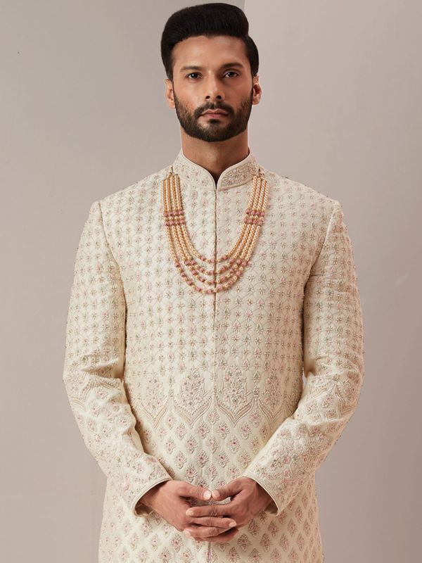 Off White Silk Sherwani With Anarkali Kurta Set