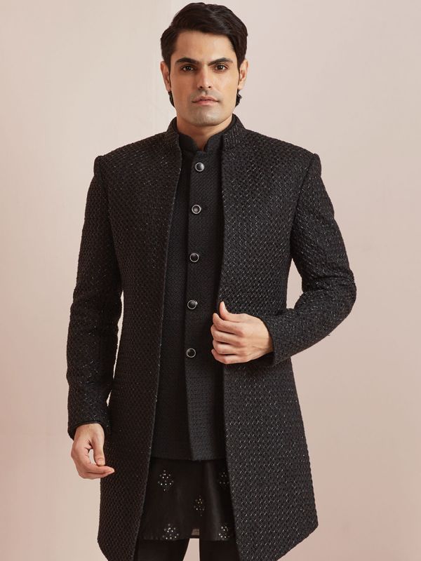 Black Layered Silk Indo Western For Men
