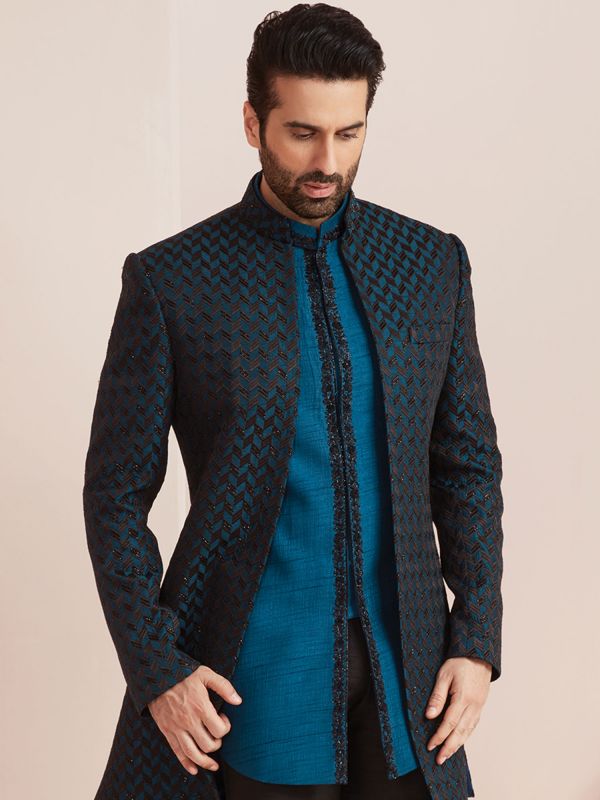Blue Embroidered Indo Western In Silk
