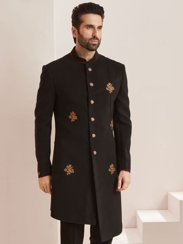 Black Asymmetric Silk Indo Western For Men