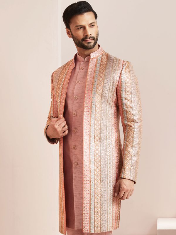 Peach Layered Indo Western With Zari Embroidery
