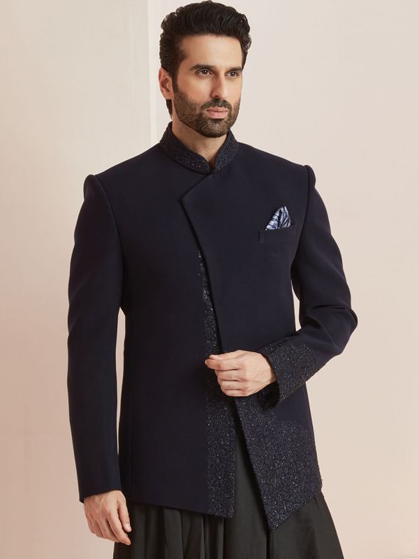 Blue Asymmetric Party Wear Indo Western In Silk