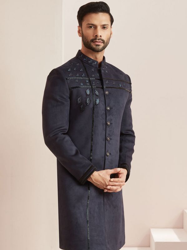 Blue Embroidered Indo Western In Velvet
