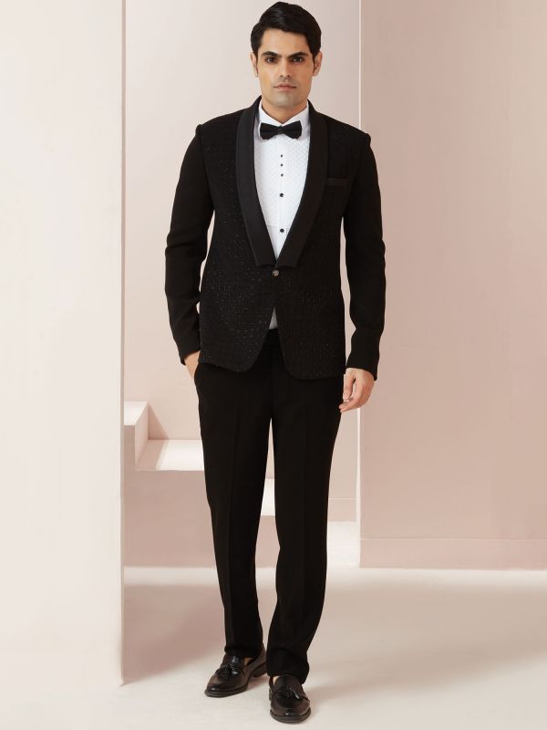 Black Embroidered Tuxedo Suit For Men