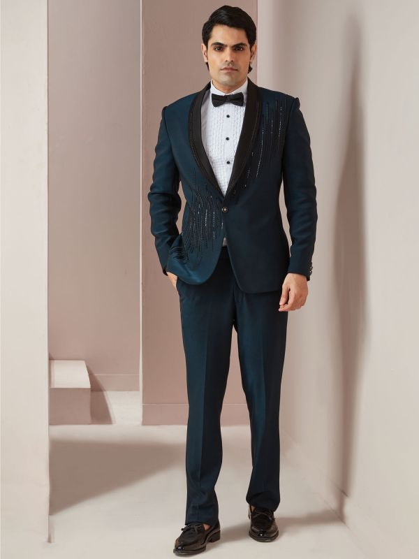 Blue Hand Embroidered Tuxedo Set