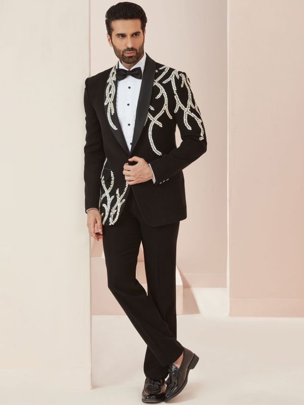 Black Designer Tuxedo Set With Hand Work