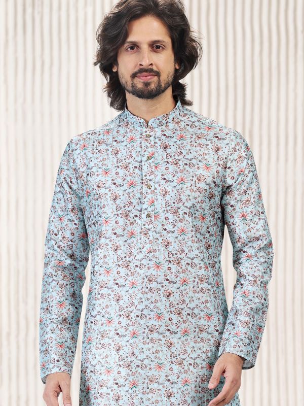 Blue Floral Printed Kurta Pyjama In Silk