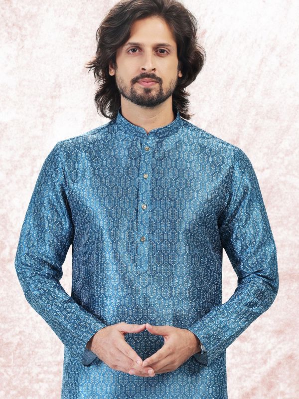 Blue Festive Kurta Pyjama In Banarasi Silk