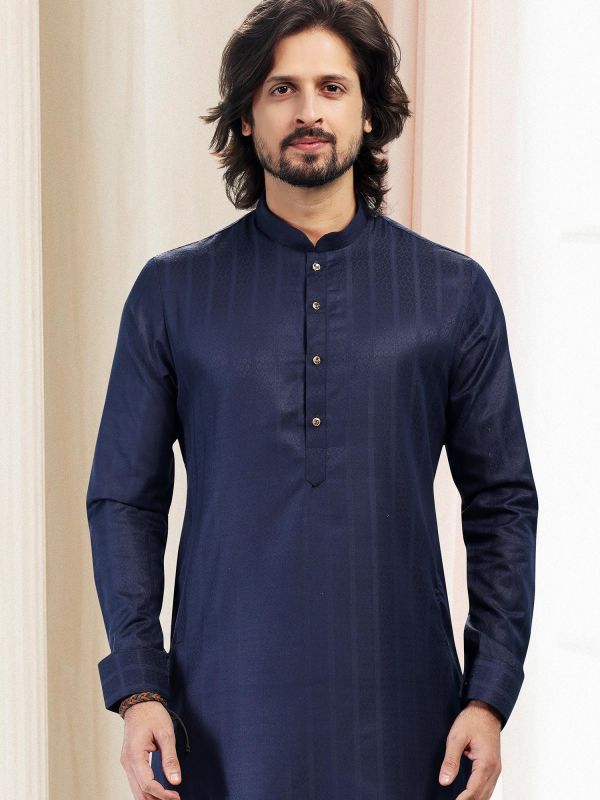Readymade Blue Woven Silk Kurta Pyjama