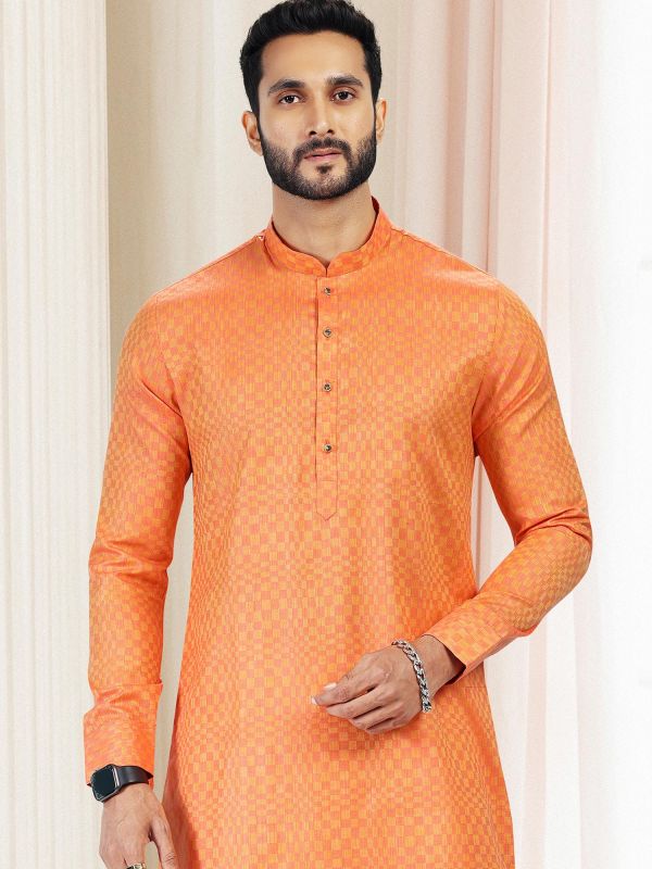 Orange Festive Kurta Pyjama With Prints