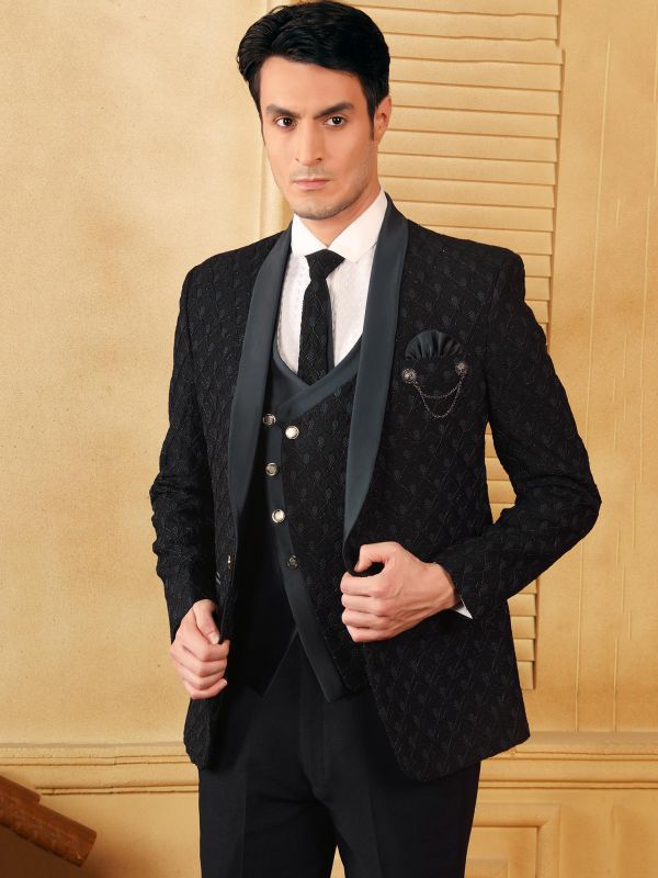 Readymade Black Embroidered Tuxedo Suit For Men