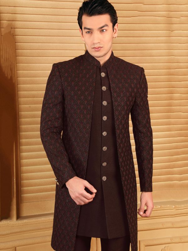 Wine color Embroidered Layered Indo Western 